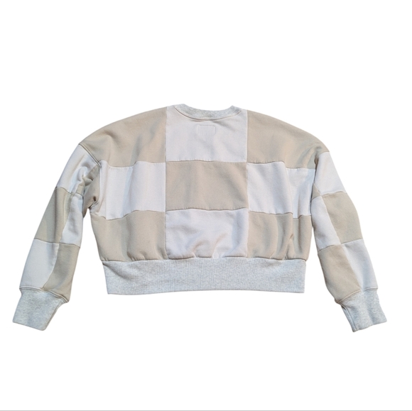 Abercrombie & Fitch Crop Patchwork Checkered Beige Cream Sweater Large - Picture 2 of 6